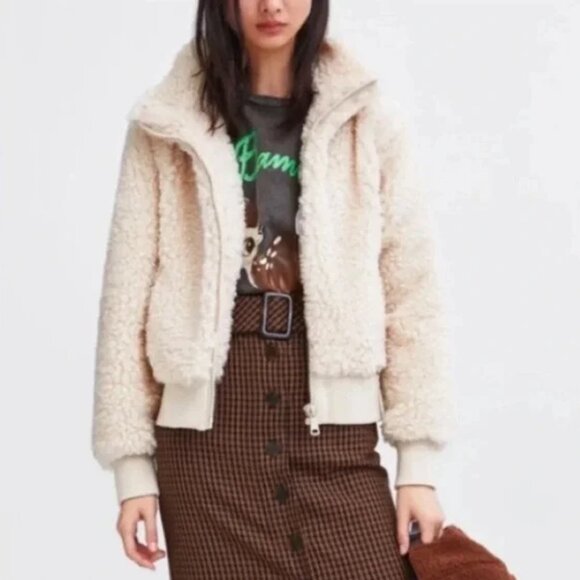 Zara Teddy Fuzzy Cream Zip Up Jacket - Picture 1 of 6
